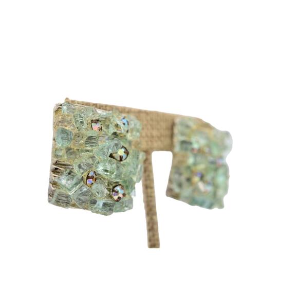 Lori B Vintage Crystal Earrings Pressed Glass Green AB Heavy Signed 1980s Bin4 - Picture 4 of 12